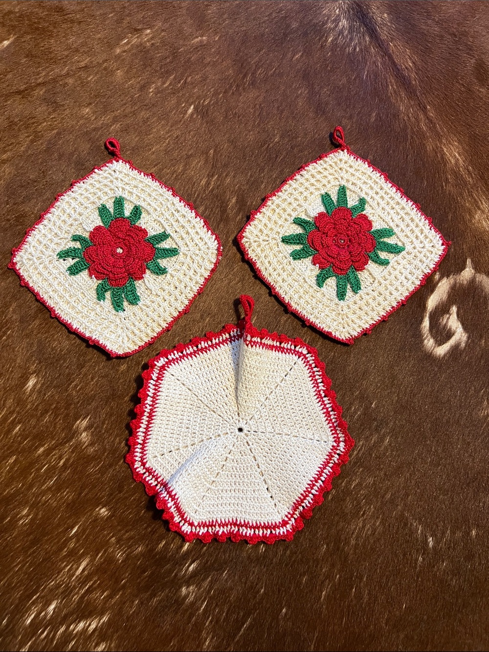 Handmade Crochet Potholder Set of 3 with Red Floral Accents
